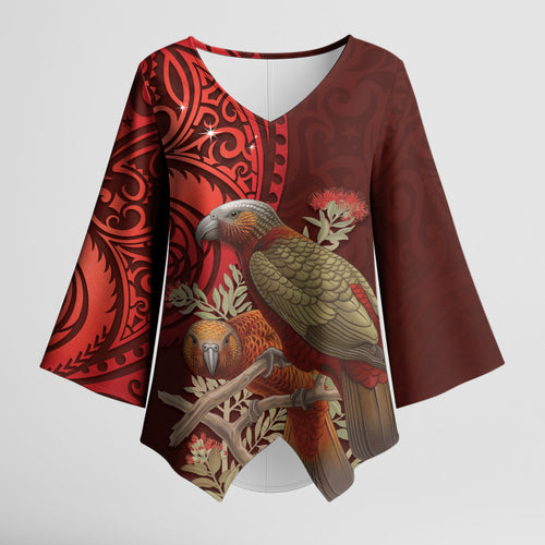 New Zealand Kaka Bird Personalised Kimono Sleeve Blouse Pohutukawa Matariki Maori Pattern