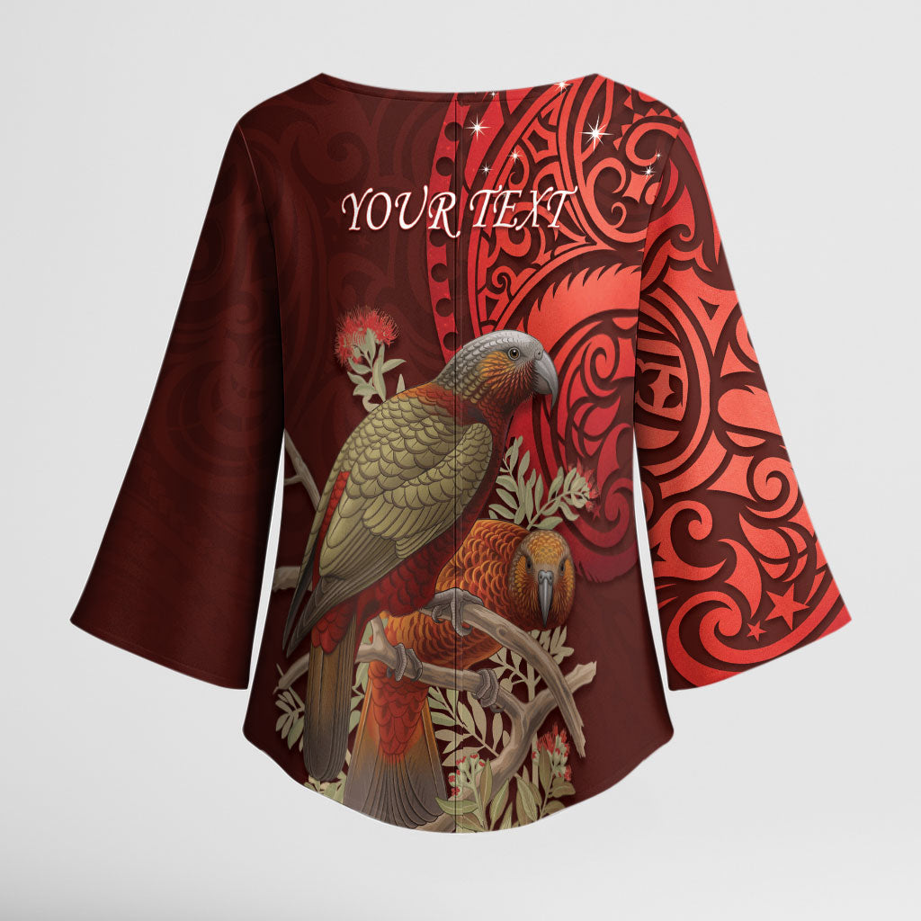 New Zealand Kaka Bird Personalised Kimono Sleeve Blouse Pohutukawa Matariki Maori Pattern