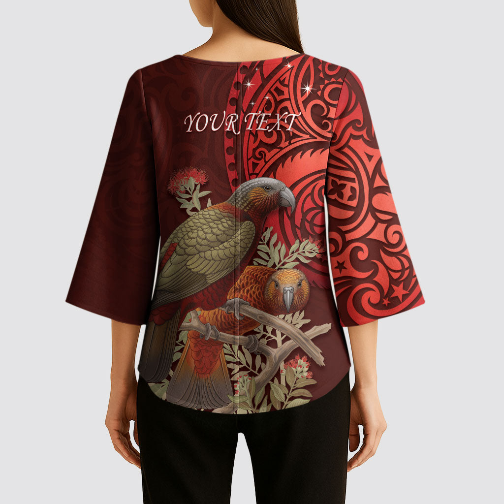 New Zealand Kaka Bird Personalised Kimono Sleeve Blouse Pohutukawa Matariki Maori Pattern