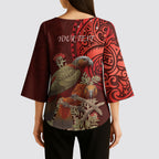 New Zealand Kaka Bird Personalised Kimono Sleeve Blouse Pohutukawa Matariki Maori Pattern