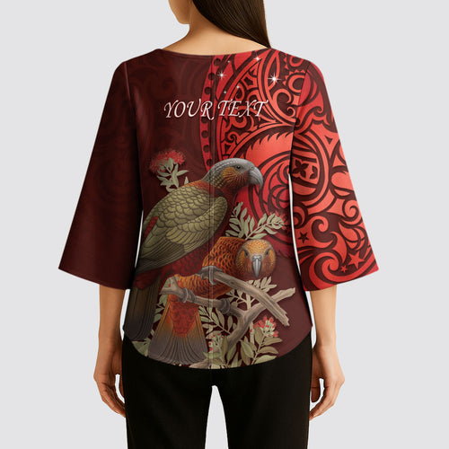 New Zealand Kaka Bird Personalised Kimono Sleeve Blouse Pohutukawa Matariki Maori Pattern
