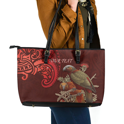 New Zealand Kaka Bird Personalised Leather Tote Bag Pohutukawa Matariki Maori Pattern
