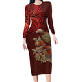 New Zealand Kaka Bird Personalised Long Sleeve Bodycon Dress Pohutukawa Matariki Maori Pattern