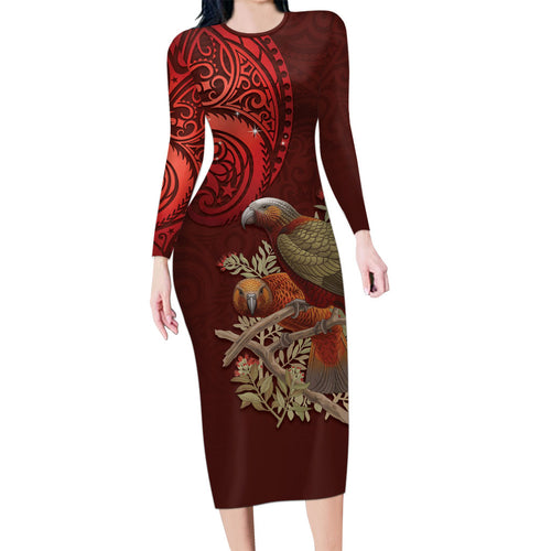 New Zealand Kaka Bird Personalised Long Sleeve Bodycon Dress Pohutukawa Matariki Maori Pattern