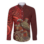 New Zealand Kaka Bird Personalised Long Sleeve Button Shirt Pohutukawa Matariki Maori Pattern