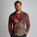 New Zealand Kaka Bird Personalised Long Sleeve Polo Shirt Pohutukawa Matariki Maori Pattern