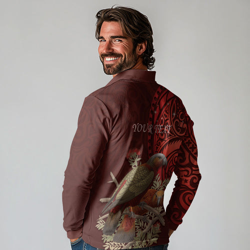 New Zealand Kaka Bird Personalised Long Sleeve Polo Shirt Pohutukawa Matariki Maori Pattern
