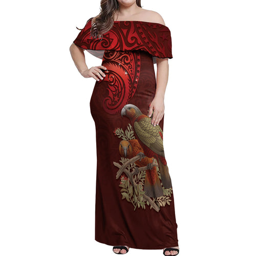 New Zealand Kaka Bird Personalised Off Shoulder Maxi Dress Pohutukawa Matariki Maori Pattern