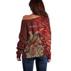 New Zealand Kaka Bird Personalised Off Shoulder Sweater Pohutukawa Matariki Maori Pattern