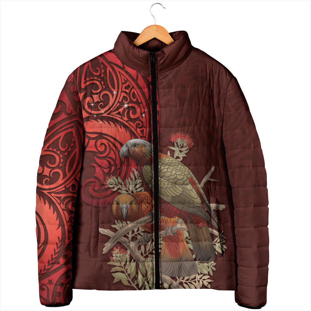 New Zealand Kaka Bird Personalised Padded Jacket Pohutukawa Matariki Maori Pattern