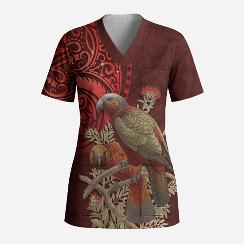 New Zealand Kaka Bird Personalised Scrub Top Pohutukawa Matariki Maori Pattern