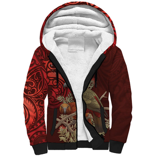 New Zealand Kaka Bird Personalised Sherpa Hoodie Pohutukawa Matariki Maori Pattern