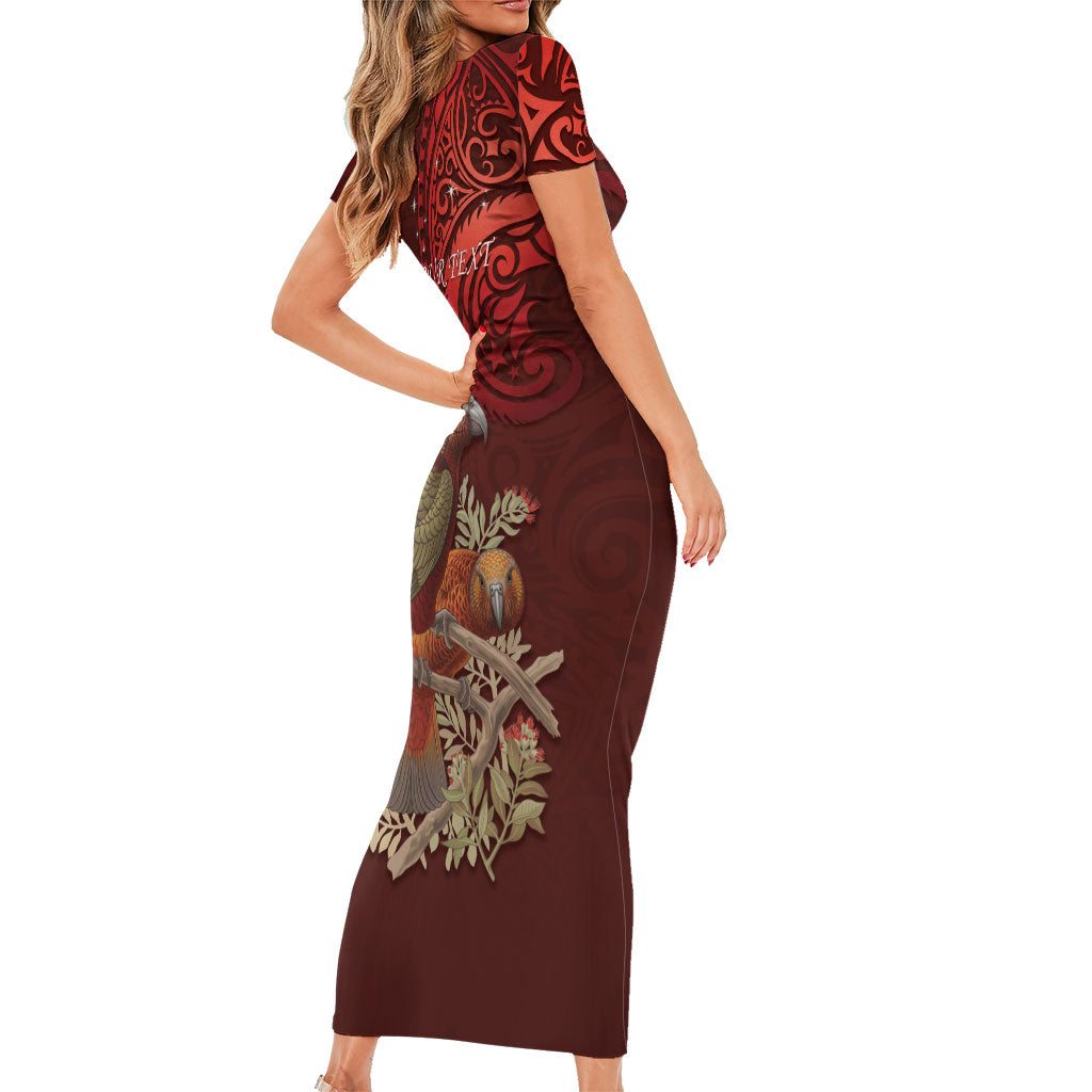 New Zealand Kaka Bird Personalised Short Sleeve Bodycon Dress Pohutukawa Matariki Maori Pattern