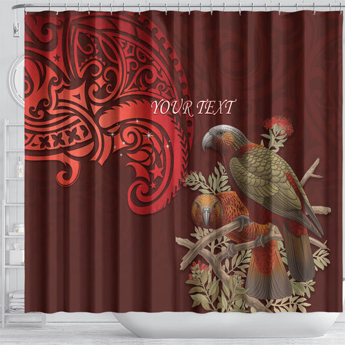 New Zealand Kaka Bird Personalised Shower Curtain Pohutukawa Matariki Maori Pattern