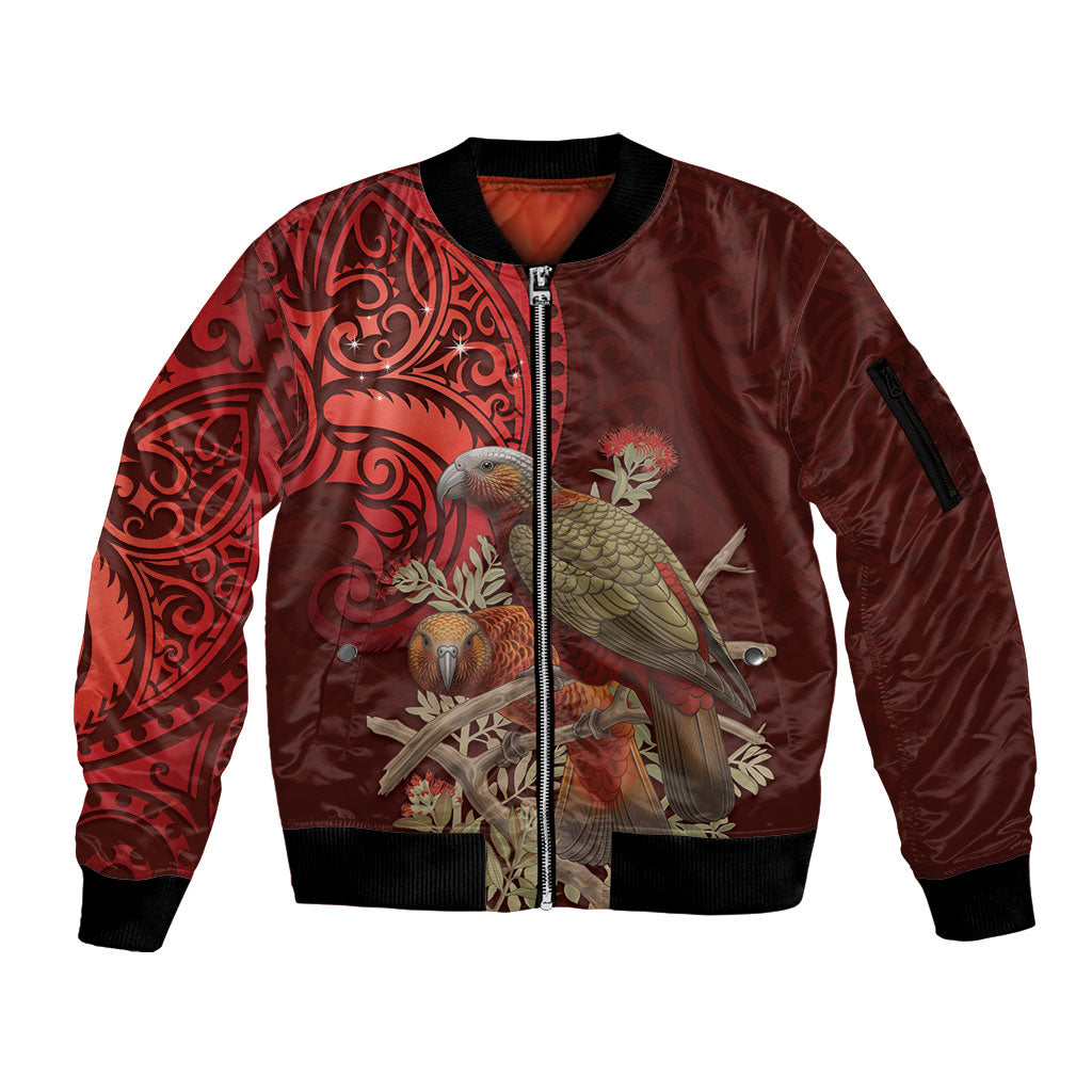 New Zealand Kaka Bird Personalised Sleeve Zip Bomber Jacket Pohutukawa Matariki Maori Pattern