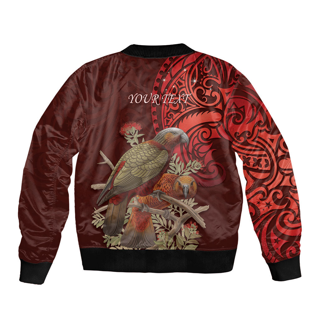 New Zealand Kaka Bird Personalised Sleeve Zip Bomber Jacket Pohutukawa Matariki Maori Pattern