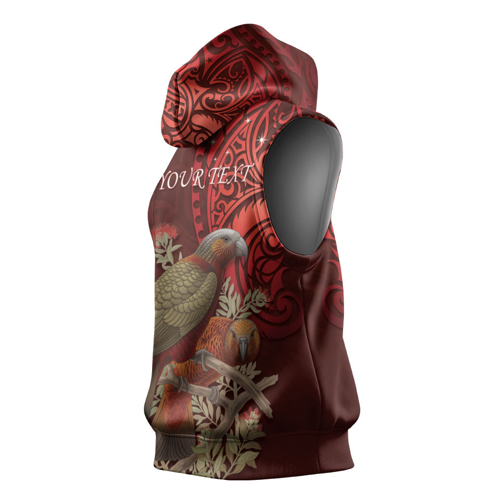 New Zealand Kaka Bird Personalised Sleeveless Hoodie Pohutukawa Matariki Maori Pattern