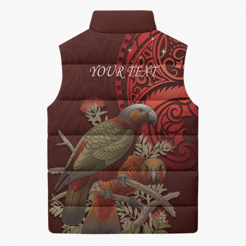 New Zealand Kaka Bird Personalised Sleeveless Puffer Jacket Pohutukawa Matariki Maori Pattern