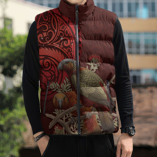 New Zealand Kaka Bird Personalised Sleeveless Puffer Jacket Pohutukawa Matariki Maori Pattern