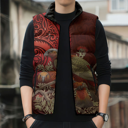 New Zealand Kaka Bird Personalised Sleeveless Puffer Jacket Pohutukawa Matariki Maori Pattern