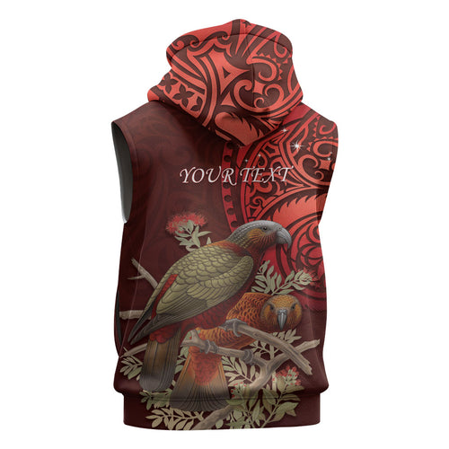 New Zealand Kaka Bird Personalised Sleeveless Zip Hoodie Pohutukawa Matariki Maori Pattern