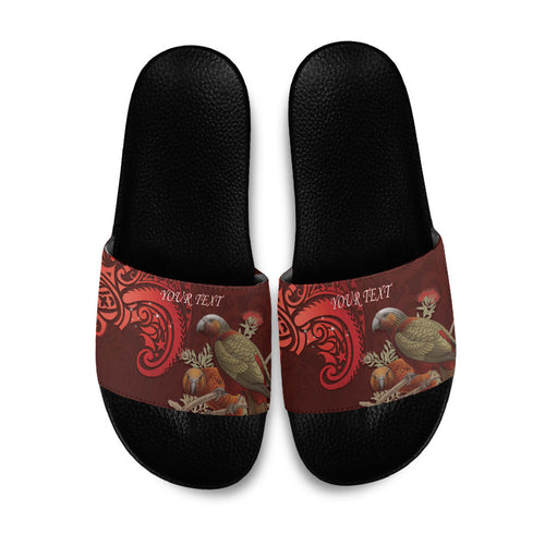 New Zealand Kaka Bird Personalised Slide Sandals Pohutukawa Matariki Maori Pattern