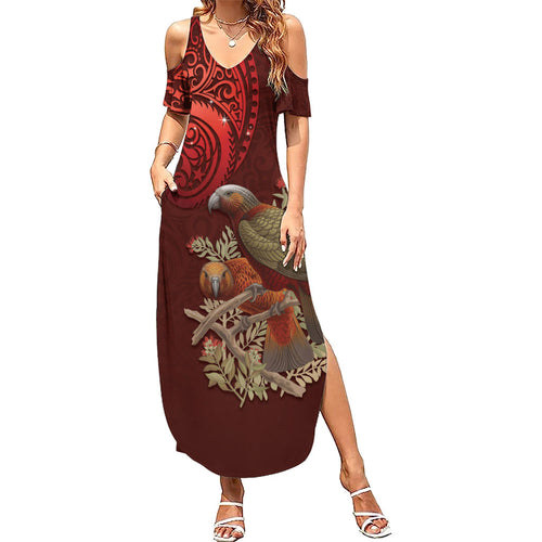 New Zealand Kaka Bird Personalised Summer Maxi Dress Pohutukawa Matariki Maori Pattern