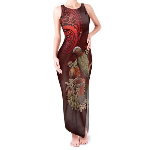 New Zealand Kaka Bird Personalised Tank Maxi Dress Pohutukawa Matariki Maori Pattern