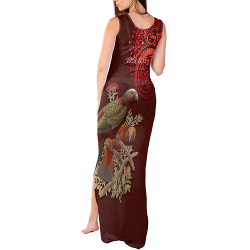 New Zealand Kaka Bird Personalised Tank Maxi Dress Pohutukawa Matariki Maori Pattern