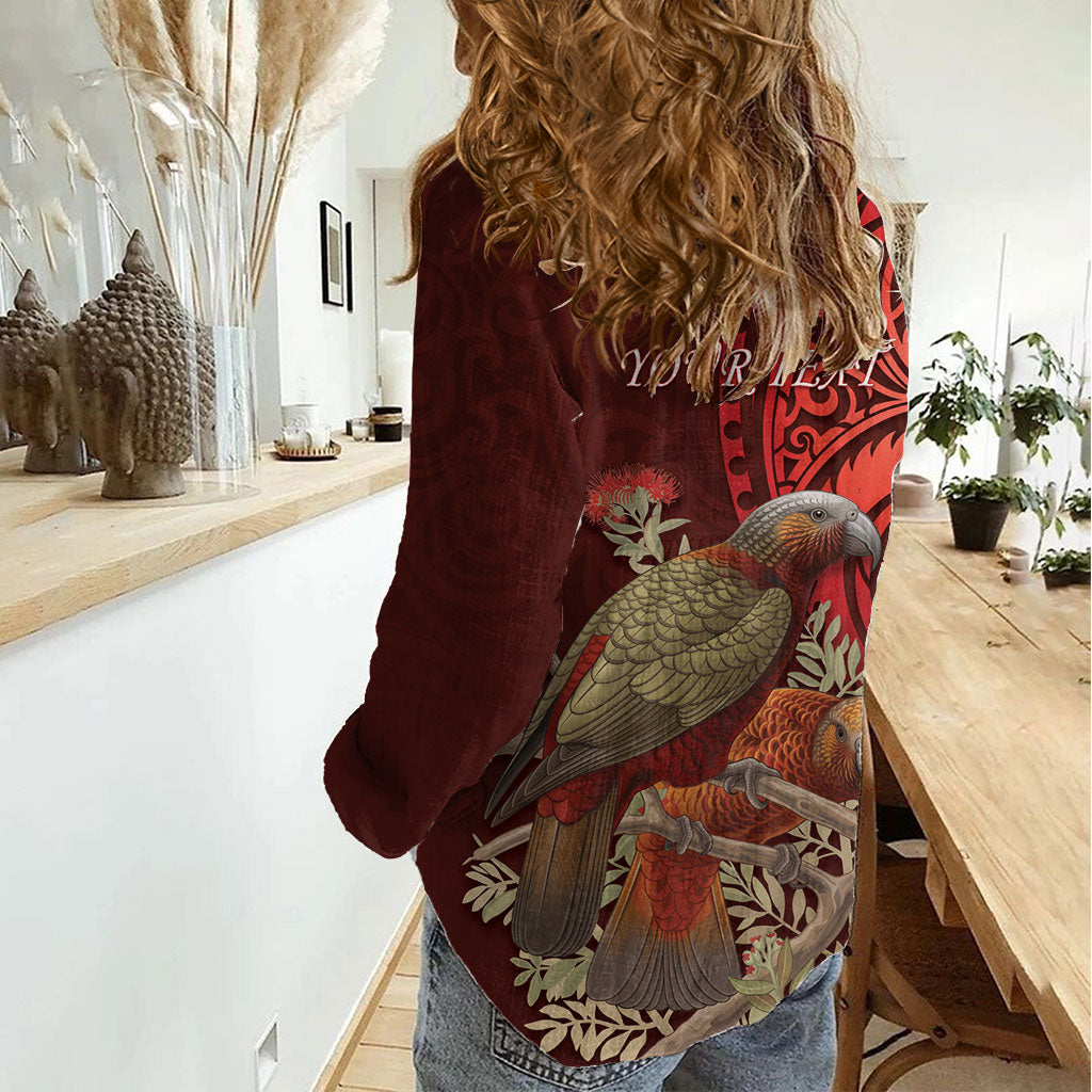 New Zealand Kaka Bird Personalised Women Casual Shirt Pohutukawa Matariki Maori Pattern