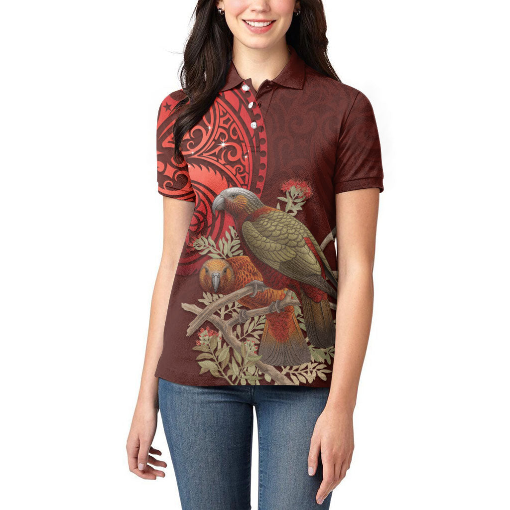 New Zealand Kaka Bird Personalised Women Polo Shirt Pohutukawa Matariki Maori Pattern