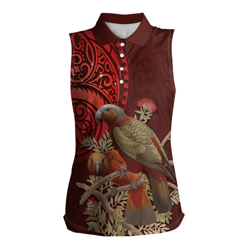 New Zealand Kaka Bird Personalised Women Sleeveless Polo Shirt Pohutukawa Matariki Maori Pattern