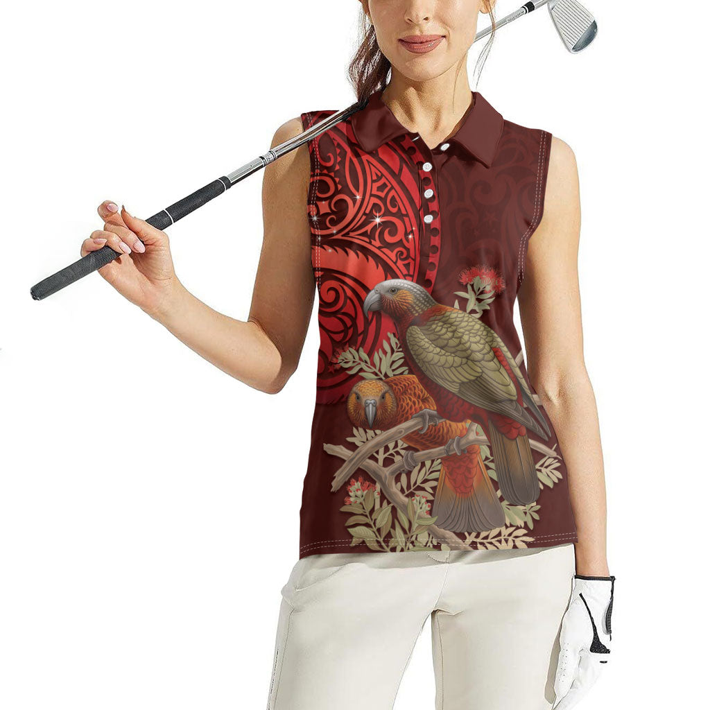 New Zealand Kaka Bird Personalised Women Sleeveless Polo Shirt Pohutukawa Matariki Maori Pattern