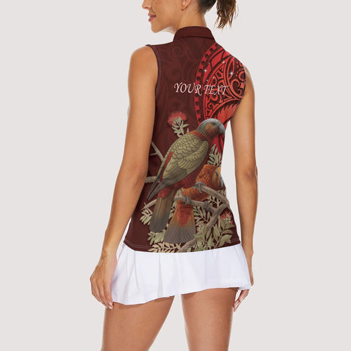 New Zealand Kaka Bird Personalised Women Sleeveless Polo Shirt Pohutukawa Matariki Maori Pattern