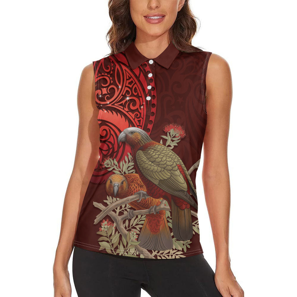 New Zealand Kaka Bird Personalised Women Sleeveless Polo Shirt Pohutukawa Matariki Maori Pattern