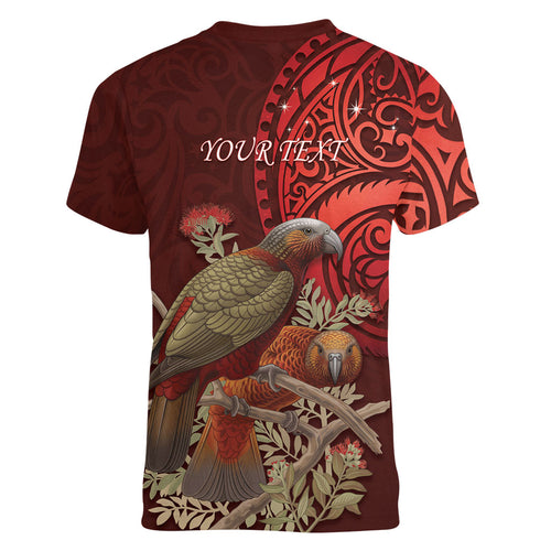 New Zealand Kaka Bird Personalised Women V-Neck T-Shirt Pohutukawa Matariki Maori Pattern