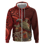 New Zealand Kaka Bird Personalised Zip Hoodie Pohutukawa Matariki Maori Pattern