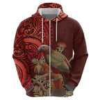 New Zealand Kaka Bird Personalised Zip Hoodie Pohutukawa Matariki Maori Pattern