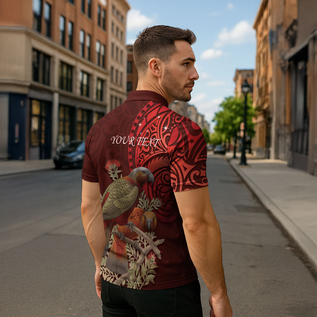 New Zealand Kaka Bird Personalised Zipper Polo Shirt Pohutukawa Matariki Maori Pattern