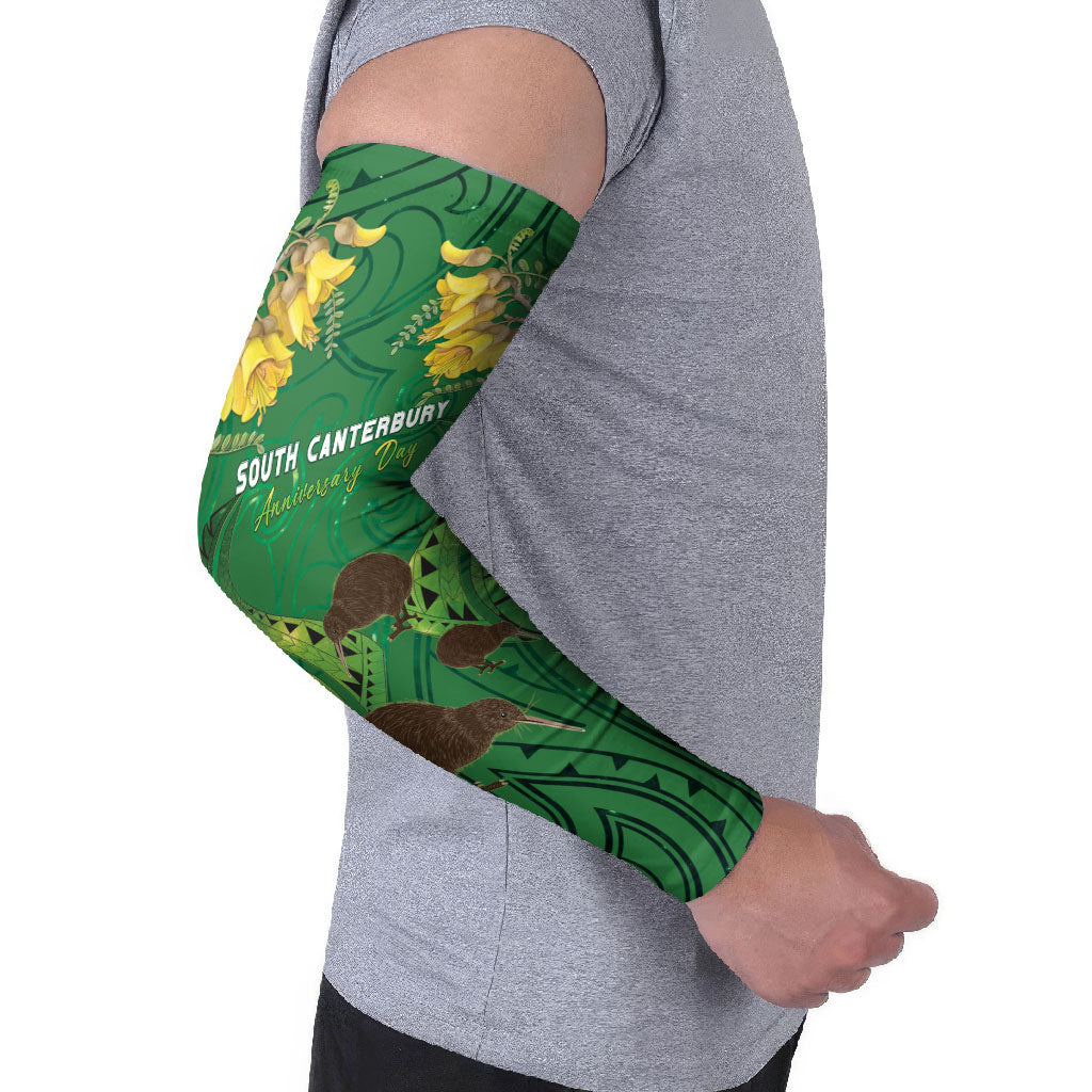 Personalised South Canterbury Anniversary Day Arm Sleeves Kiwi Kowhai Silver Fern Maori Pattern