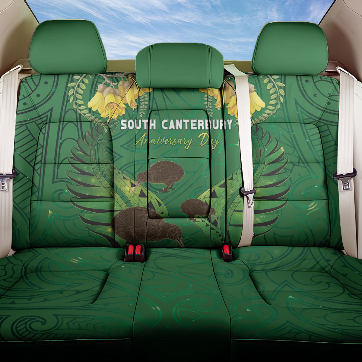 South Canterbury Anniversary Day Back Car Seat Cover Kiwi Kowhai Silver Fern Maori Pattern