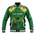 Personalised South Canterbury Anniversary Day Baseball Jacket Kiwi Kowhai Silver Fern Maori Pattern