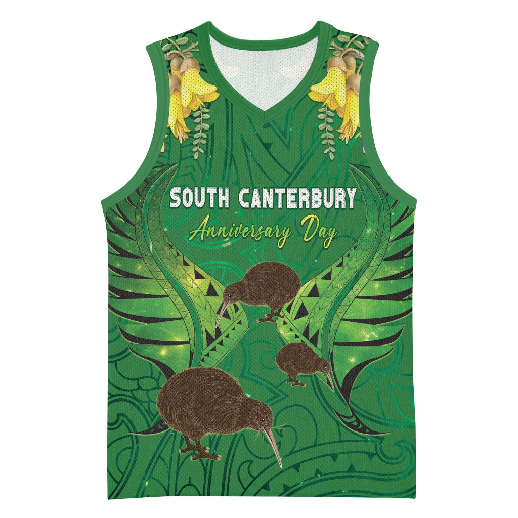 Personalised South Canterbury Anniversary Day Basketball Jersey Kiwi Kowhai Silver Fern Maori Pattern