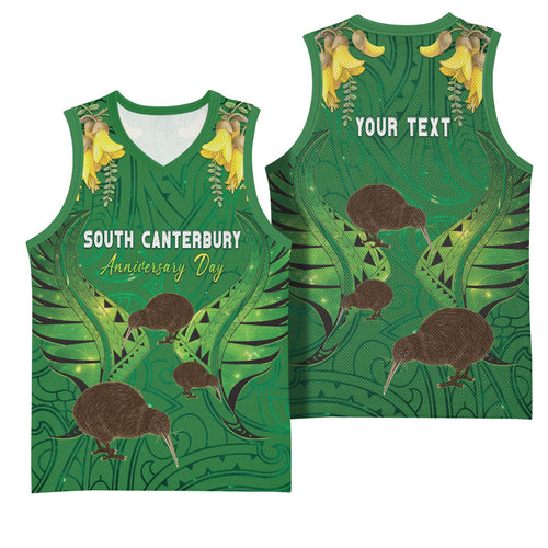 Personalised South Canterbury Anniversary Day Basketball Jersey Kiwi Kowhai Silver Fern Maori Pattern