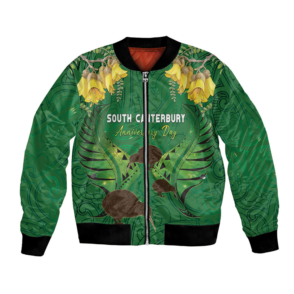 Personalised South Canterbury Anniversary Day Bomber Jacket Kiwi Kowhai Silver Fern Maori Pattern