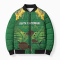 Personalised South Canterbury Anniversary Day Bomber Puffer Jacket Kiwi Kowhai Silver Fern Maori Pattern