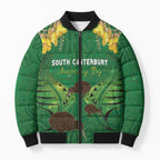 Personalised South Canterbury Anniversary Day Bomber Puffer Jacket Kiwi Kowhai Silver Fern Maori Pattern