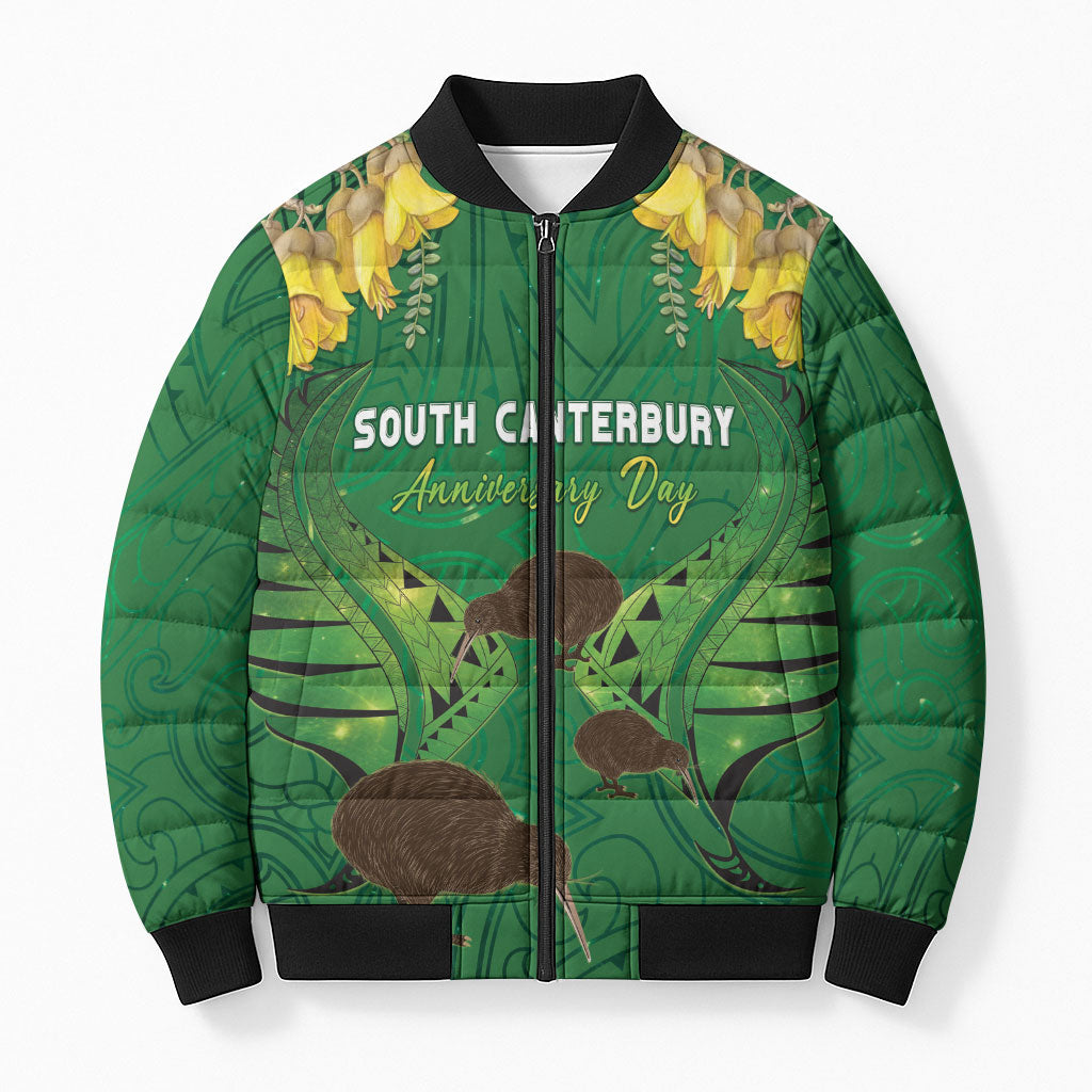 Personalised South Canterbury Anniversary Day Bomber Puffer Jacket Kiwi Kowhai Silver Fern Maori Pattern