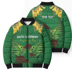 Personalised South Canterbury Anniversary Day Bomber Puffer Jacket Kiwi Kowhai Silver Fern Maori Pattern