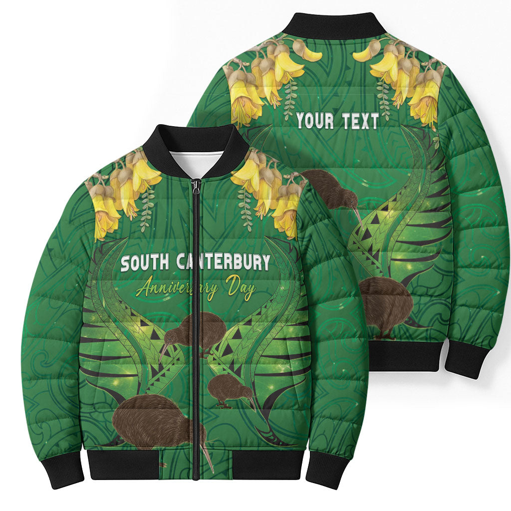 Personalised South Canterbury Anniversary Day Bomber Puffer Jacket Kiwi Kowhai Silver Fern Maori Pattern